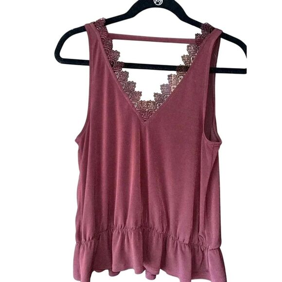 Express Burgundy Lace-Trim‎ Peplum Tank Top Sleeveless V-Neck Blouse - Picture 1 of 5